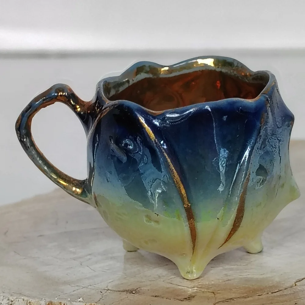 Miniature Ruffle Edge Tea Cup Saucer Blue Seaweed Yellow Gold Gilded Blowfish